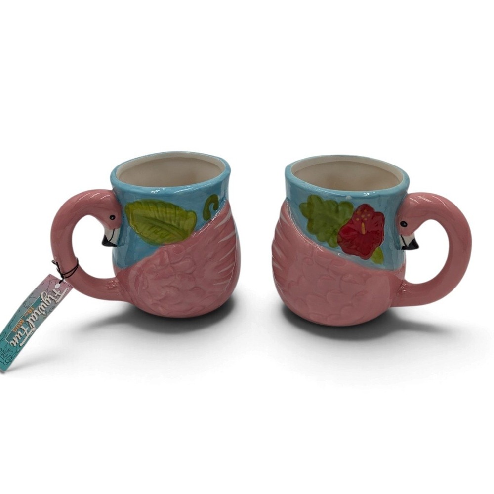 Boston Warehouse Flamingo Figural Mugs Set of 2 Hand Painted 18 oz Ceramic